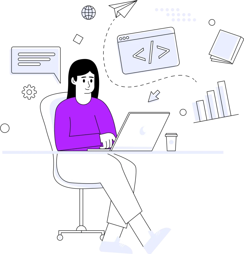 Purple colour Vector of a girl who doing custom software development.