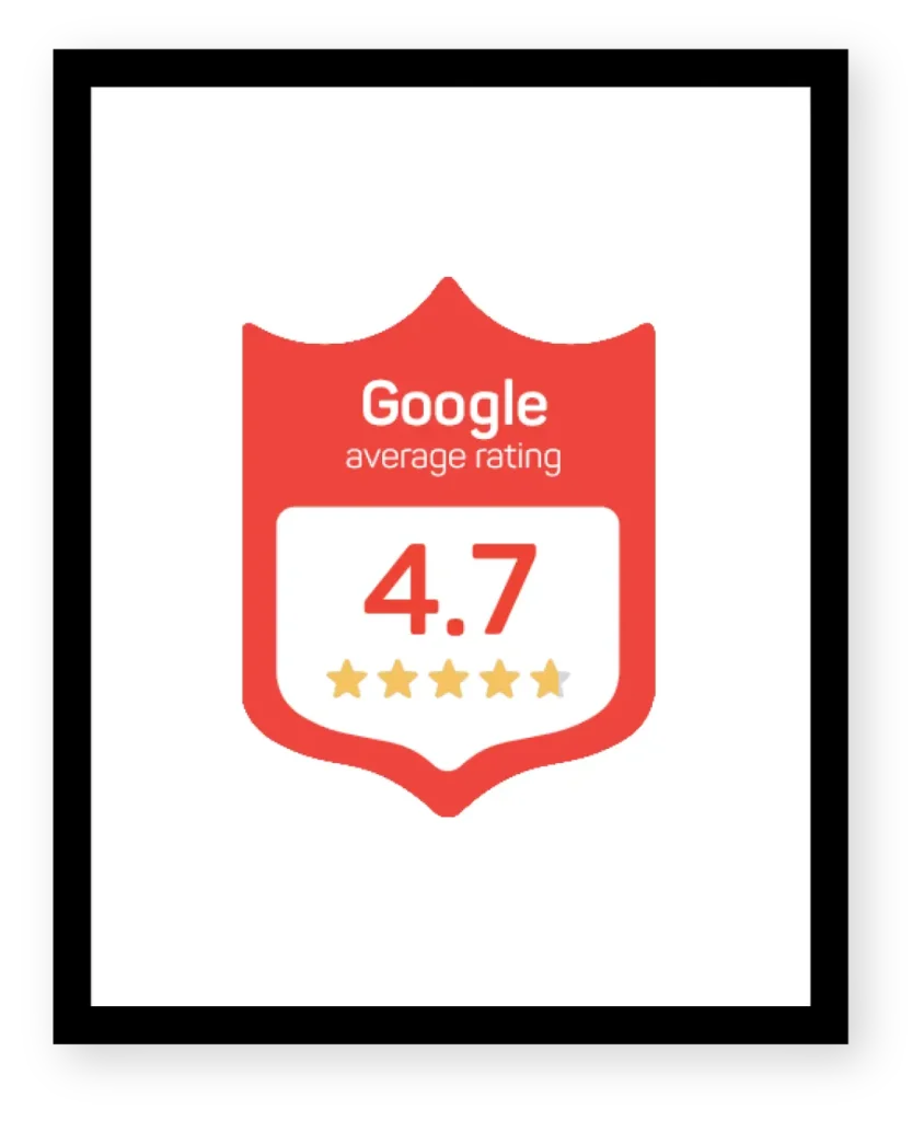 A Red colour logo with white text describe 4.7 average rating of implies solution on Google.