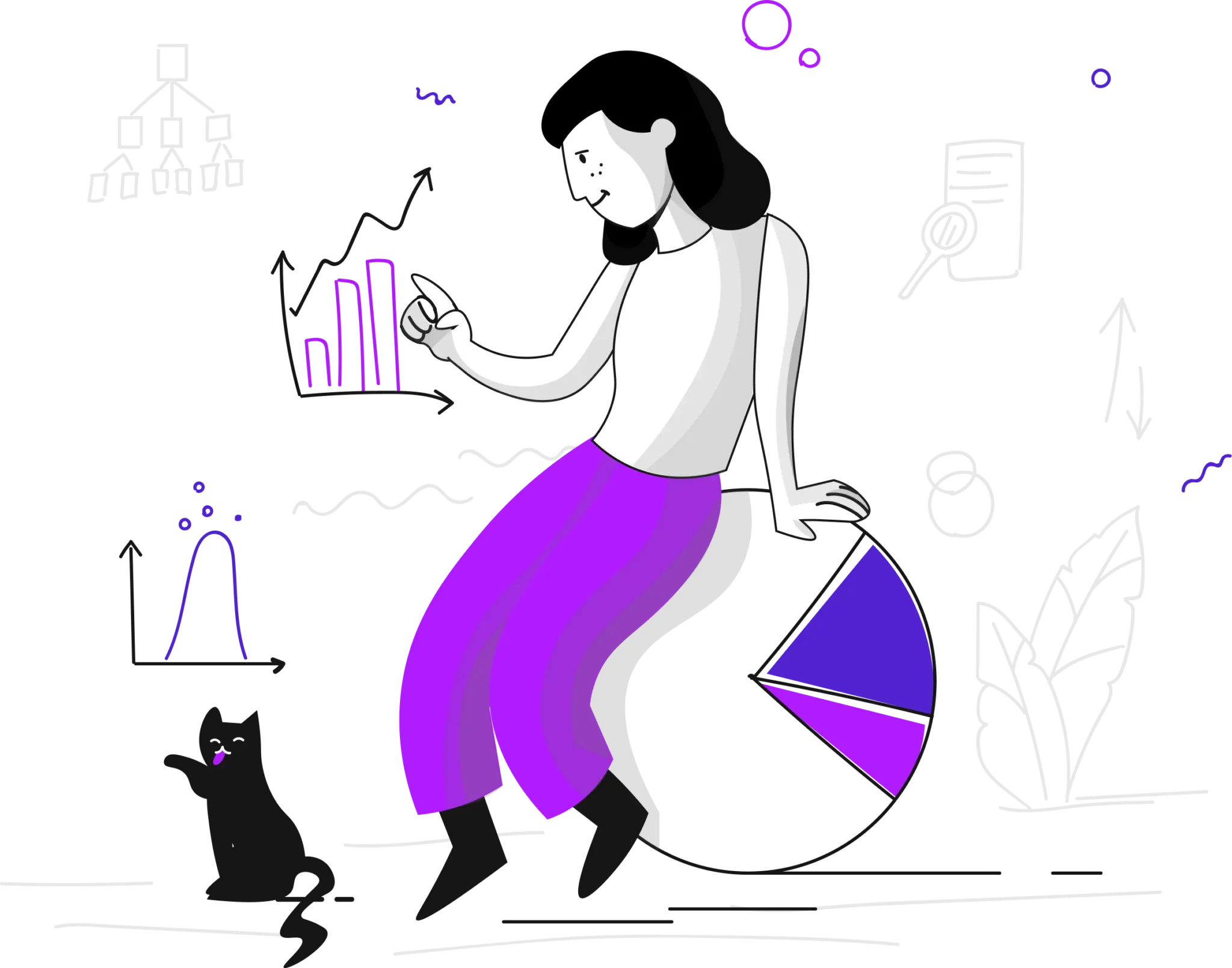 purple and white vector of a girl and cat analyze progress