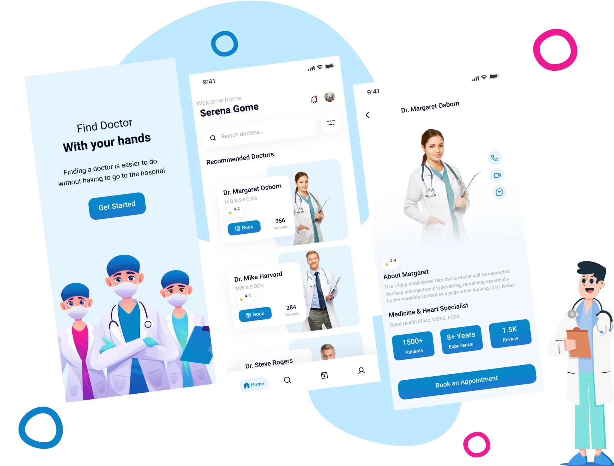 Doctors on screens, find a doctor with your hands. A mobile app developed for patients to find a doctor by themself for an appointment.