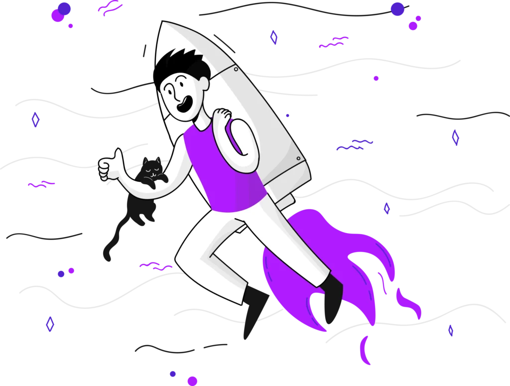 purple and white vector of a boy and cat flying through a rocket